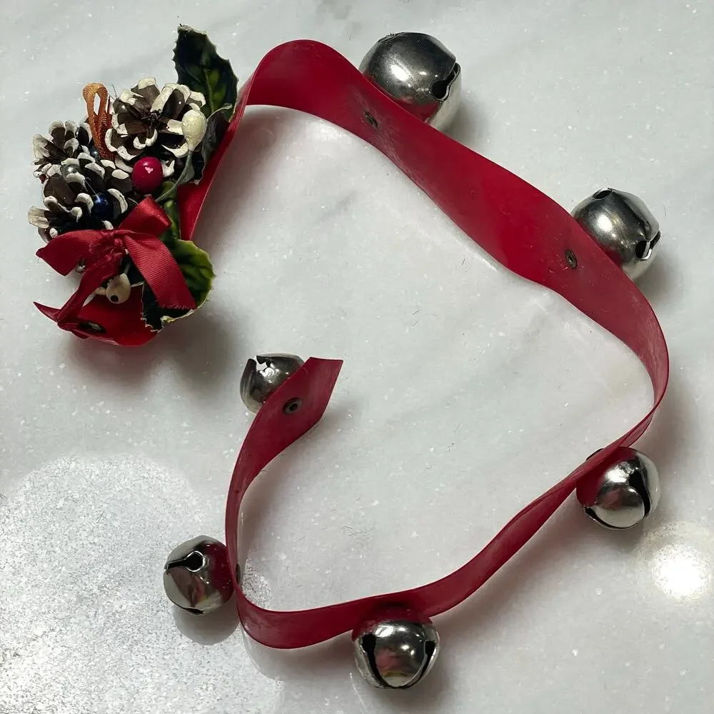 Vintage Sleigh Bell Door Hanger Red Vinyl Strap Jingle MCM Christmas Pinecones